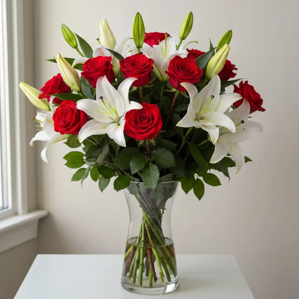 Mutluluk Anları - Kırmızı güller ve beyaz zambaklar buketi
